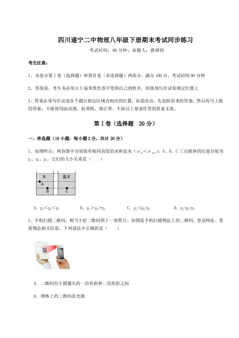 第二次月考滚动检测卷-四川遂宁二中物理八年级下册期末考试同步练习试题（详解版）