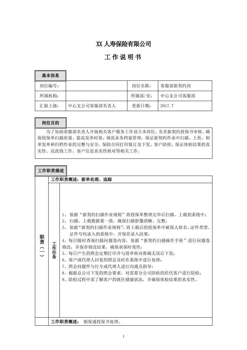 客服部新契约岗岗位职责说明书