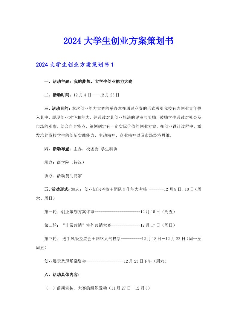 2024大学生创业方案策划书