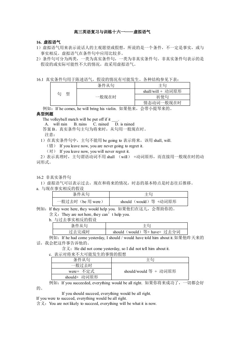 高三英语语法专题复习与训练-虚拟语气