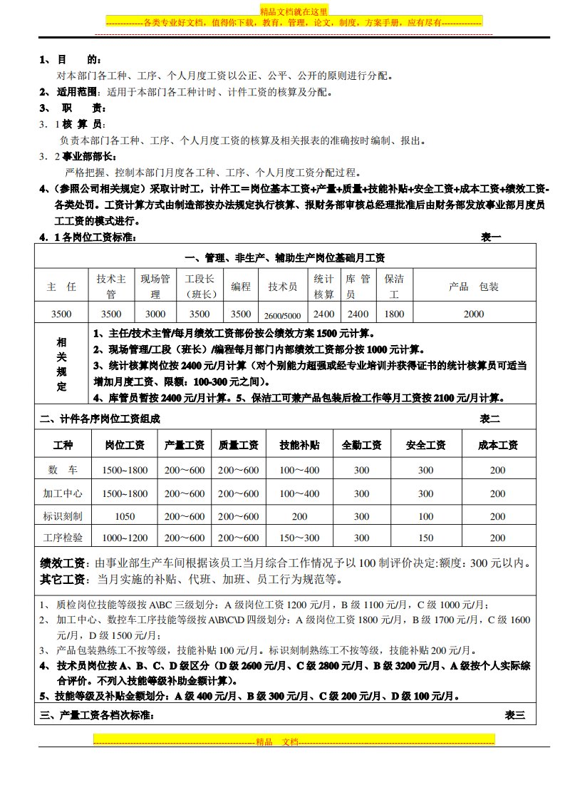 加工中心工资绩效办法