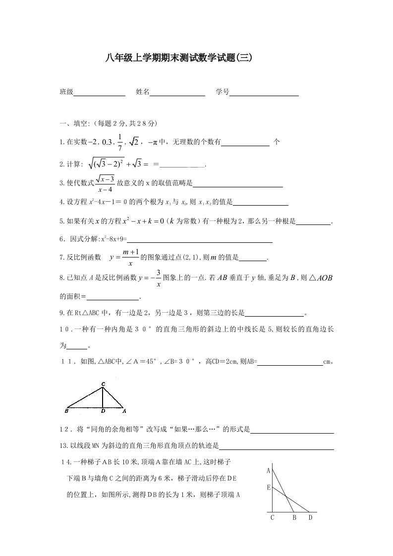 八年级上学期期末测试数学试题(三)