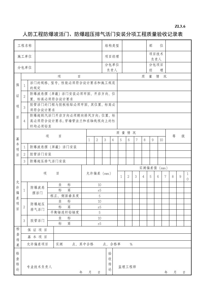 防爆波活门、防爆超压排气活门安装分项工程质量验收记录表