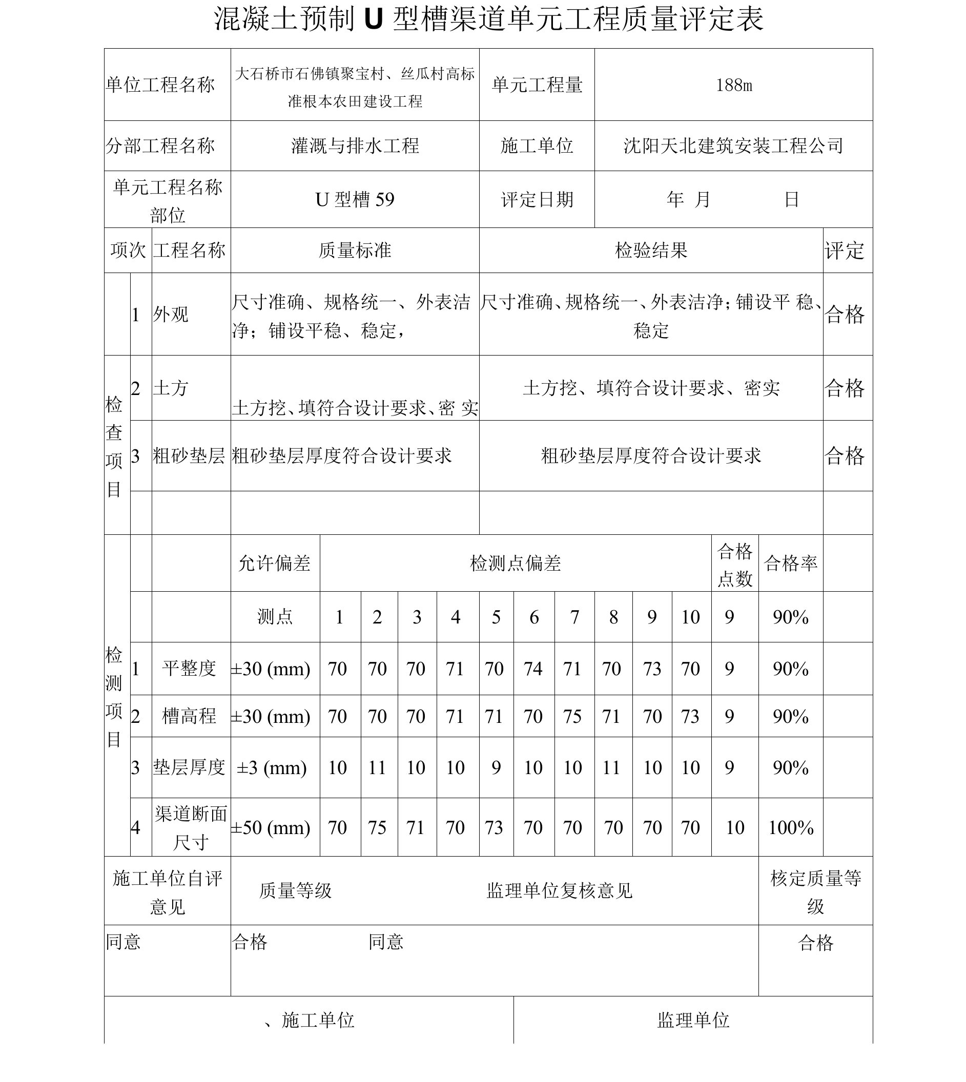 混凝土预制U型槽单元工程质量评定表