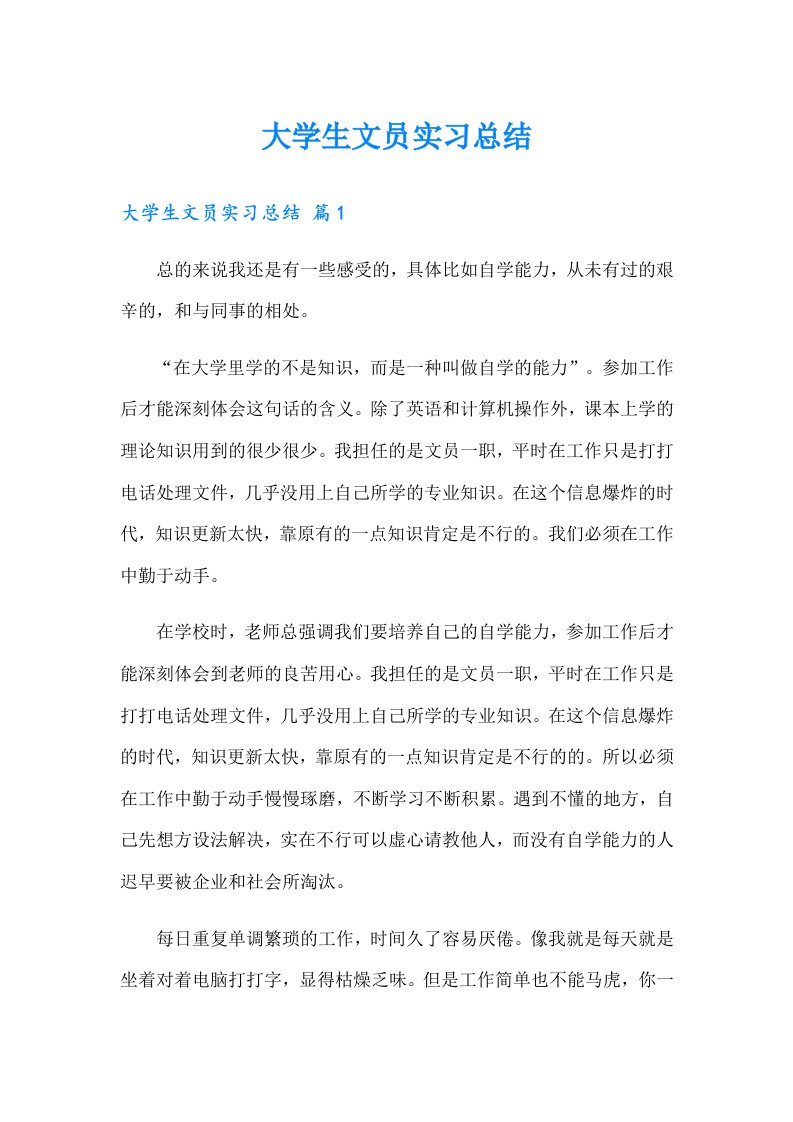 （多篇）大学生文员实习总结