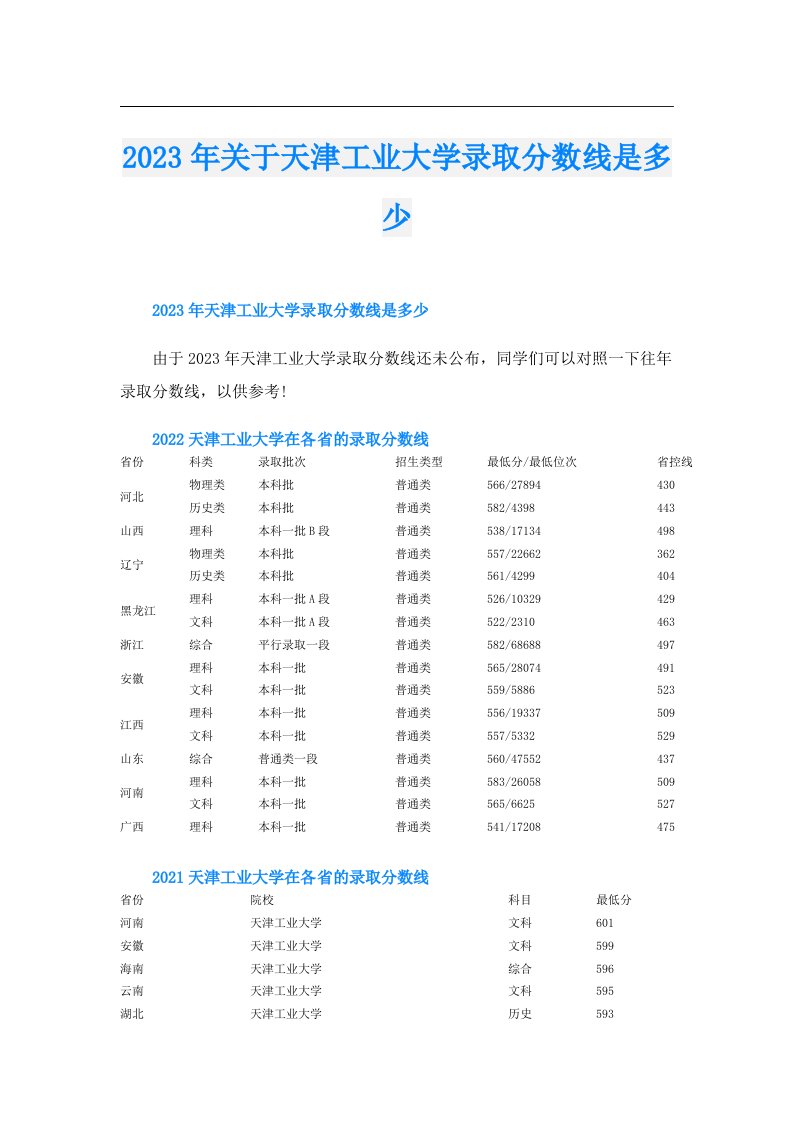 关于天津工业大学录取分数线是多少