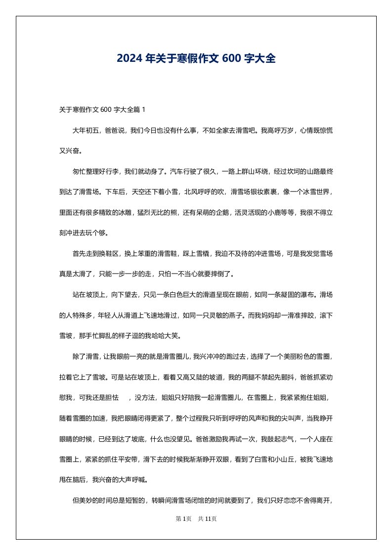 2024年关于寒假作文600字大全