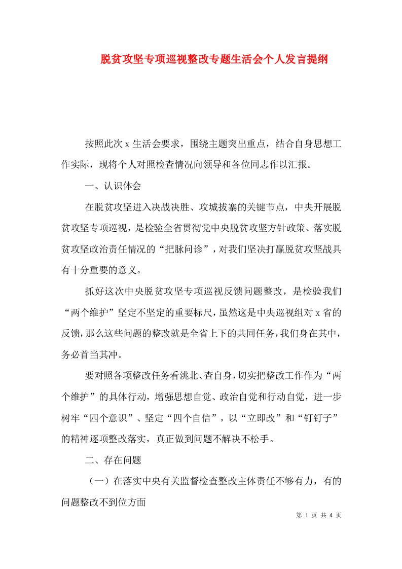 脱贫攻坚专项巡视整改专题生活会个人发言提纲（三）