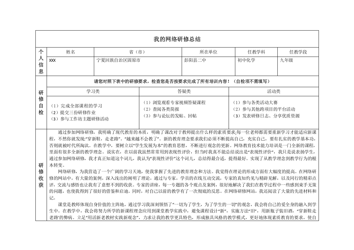 (完整版)奥鹏教师教育研修总结