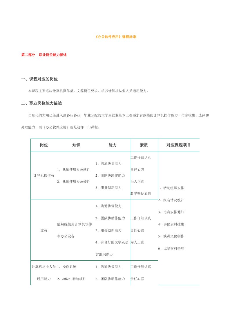 办公软件应用课程标准