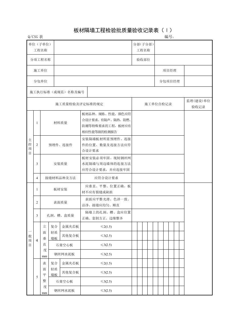 房建轻质隔墙工程施工质量验收记录表