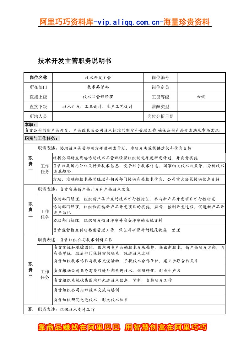 宁波华能贸易公司技术品管部技术开发主管职务说明书