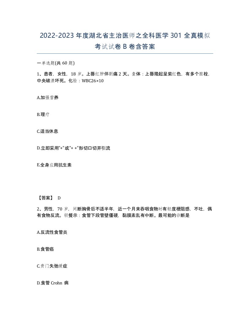 2022-2023年度湖北省主治医师之全科医学301全真模拟考试试卷B卷含答案