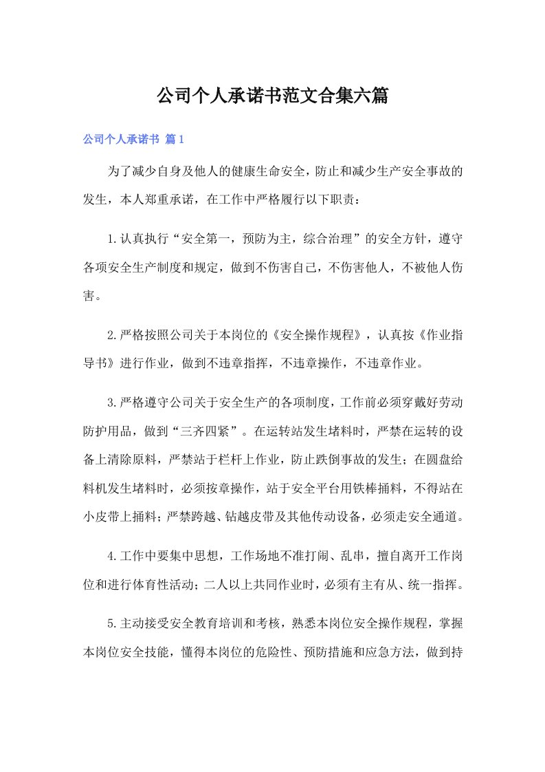 公司个人承诺书范文合集六篇