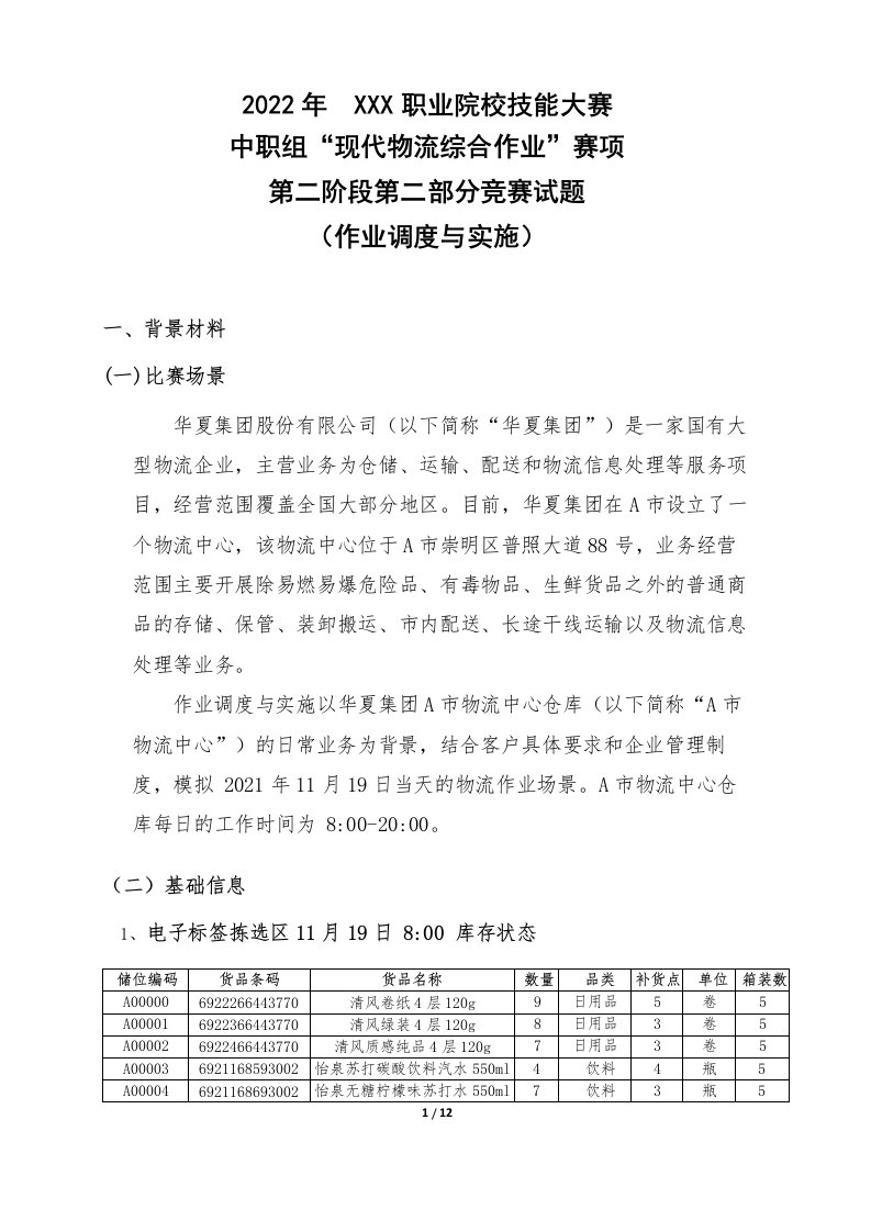 2023年甘肃省职业院校技能大赛现代物流综合作业样卷(第二套：作业调度与实施竞赛试题)