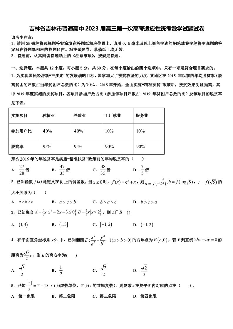 吉林省吉林市普通高中2023届高三第一次高考适应性统考数学试题试卷