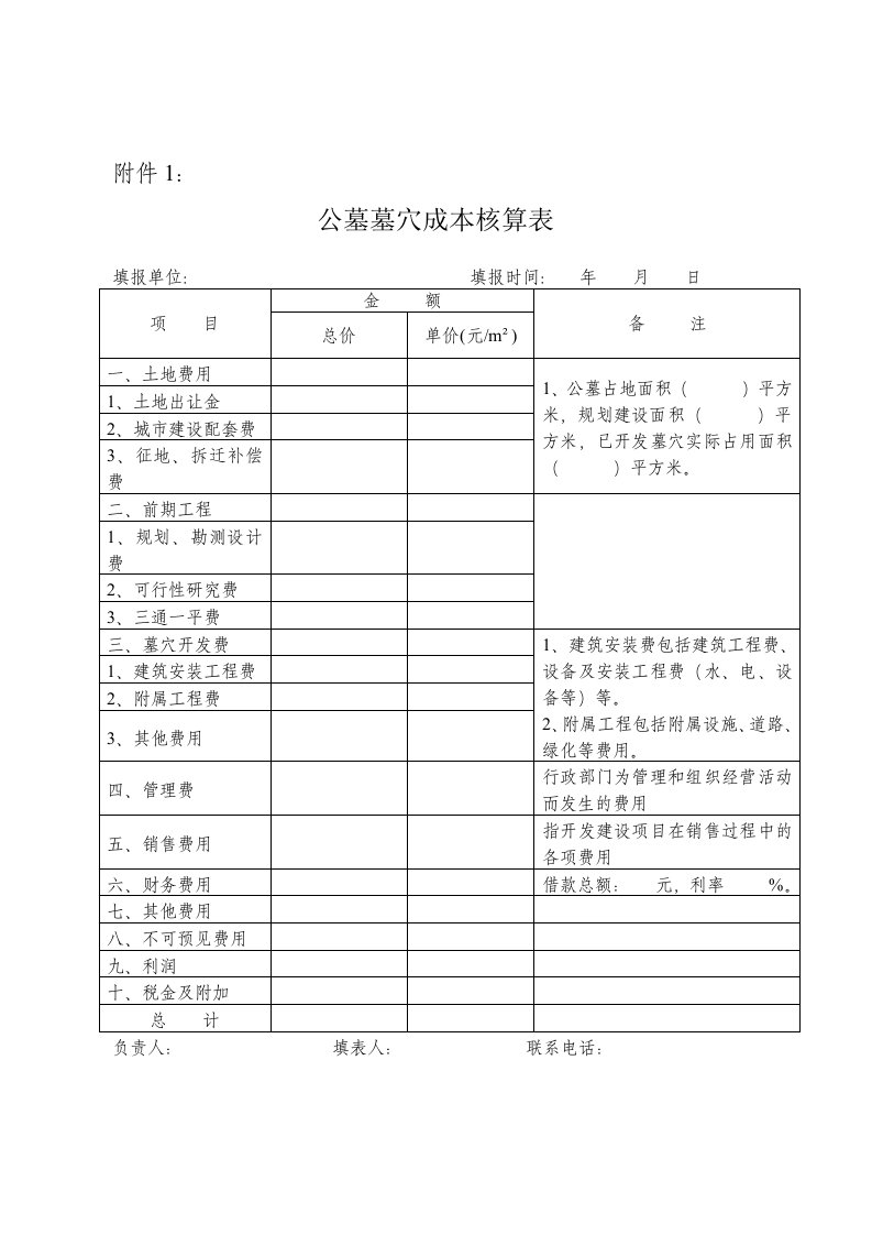 公墓墓穴成本核算表