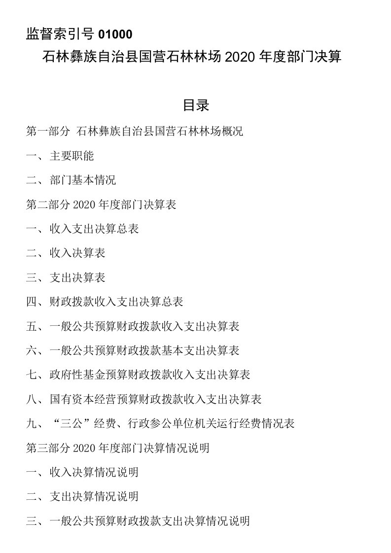 监督索引号53012670433401000石林彝族自治县国营石林林场2020年度部门决算目录