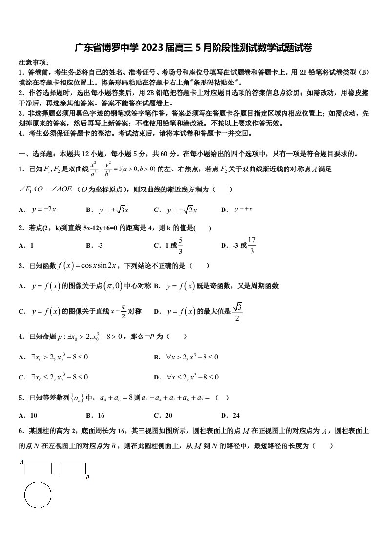 广东省博罗中学2023届高三5月阶段性测试数学试题试卷