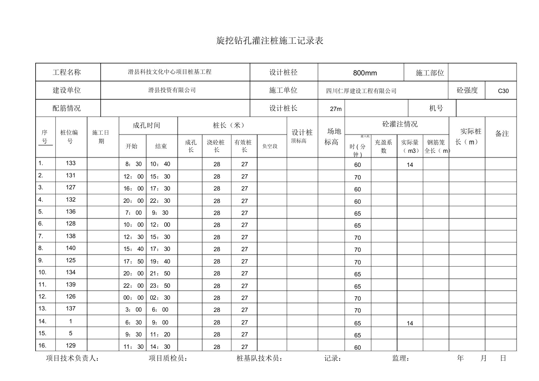 旋挖钻钻孔记录表