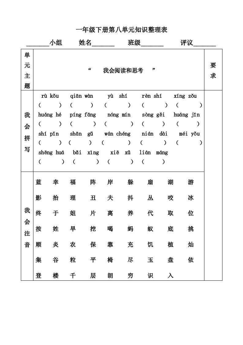 一年级下册第八单元知识整理表