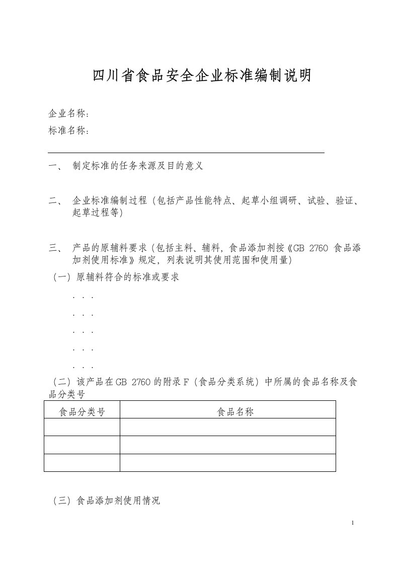 四川省食品安全企业标准编制说明