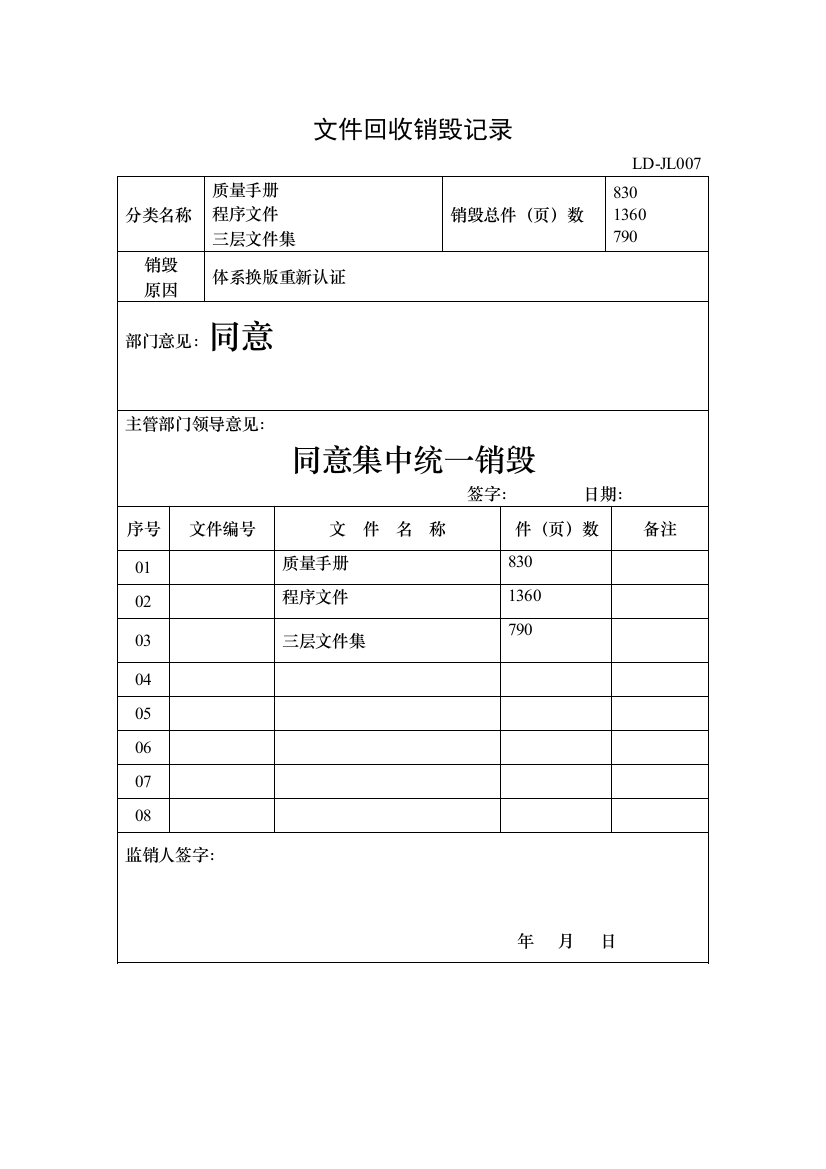 文件回收销毁记录