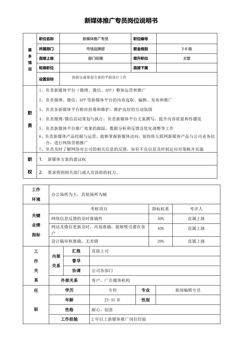 新媒体营销专员岗位说明书