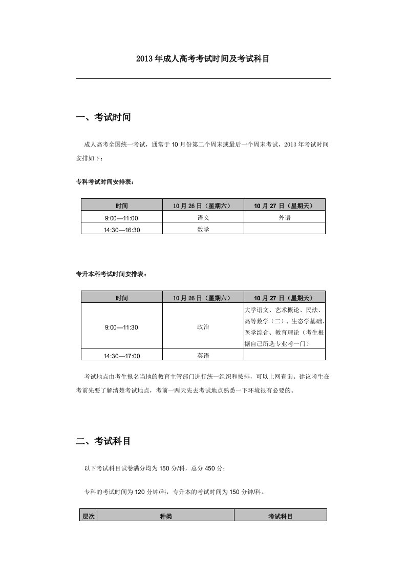 2013年成人高考考试时间及考试科目