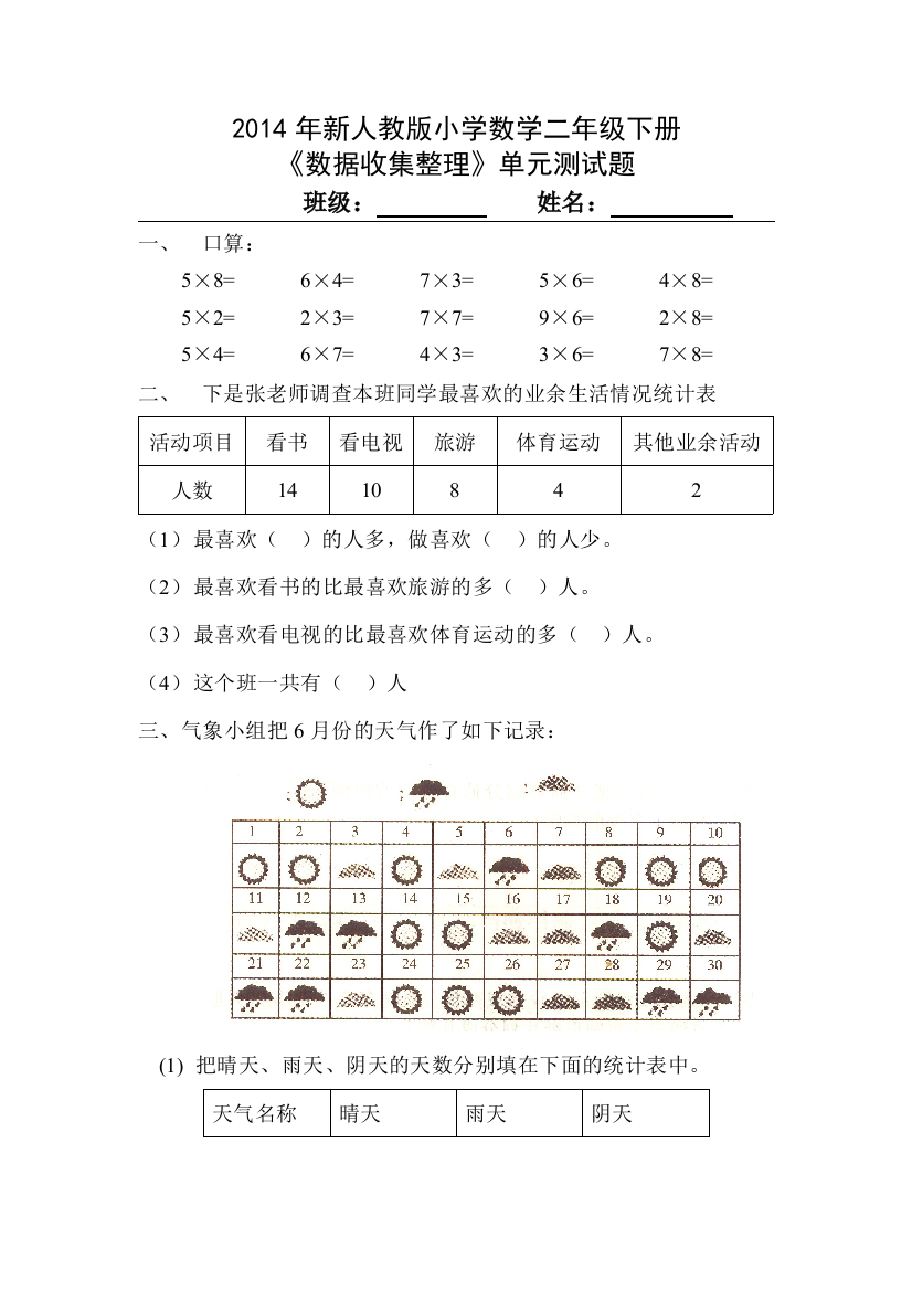 2017年度春人教版本数学二下第一单元（数据收集整理）单元测试题