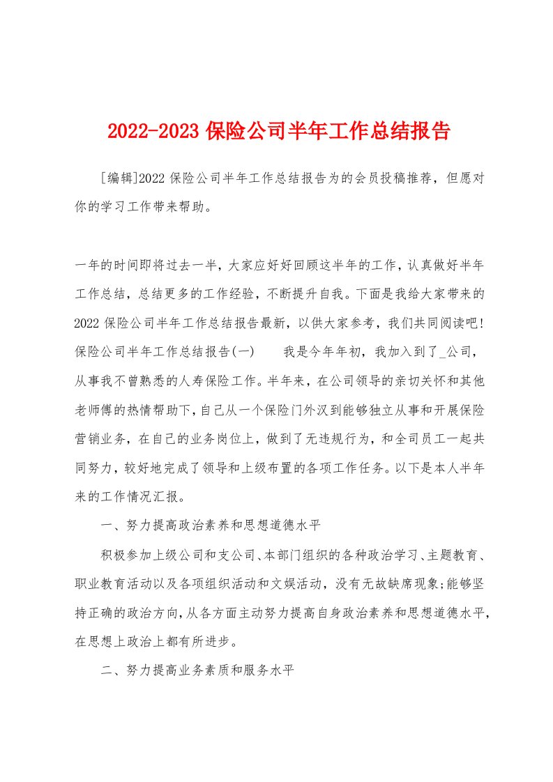 2022-2023保险公司半年工作总结报告