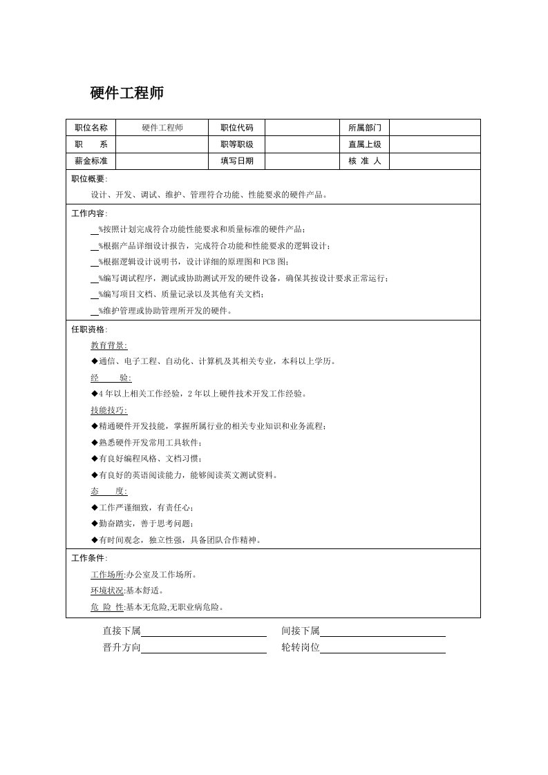 建筑资料-职位说明书：硬件工程师