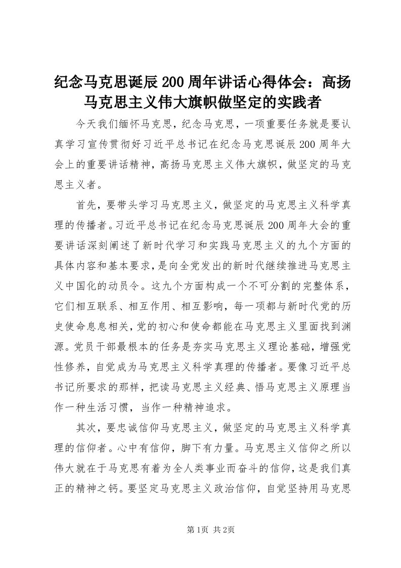 3纪念马克思诞辰00周年致辞心得体会：高扬马克思主义伟大旗帜做坚定的实践者