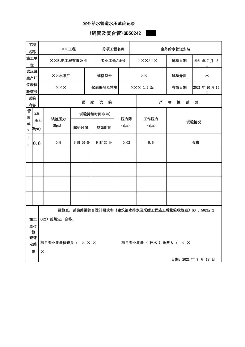 室外给水管道水压试验记录