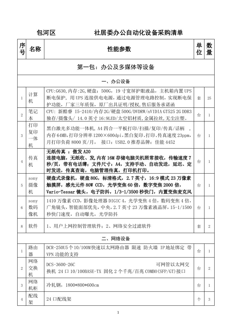 街道办公设备采购清单