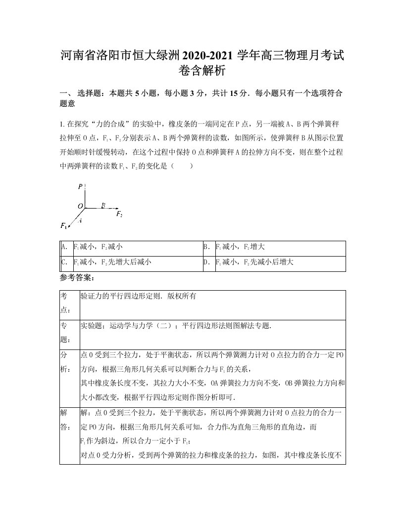 河南省洛阳市恒大绿洲2020-2021学年高三物理月考试卷含解析