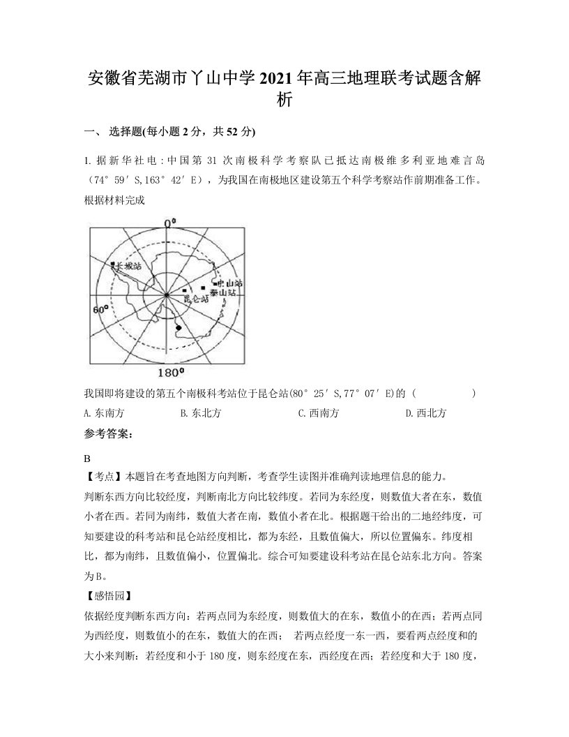 安徽省芜湖市丫山中学2021年高三地理联考试题含解析