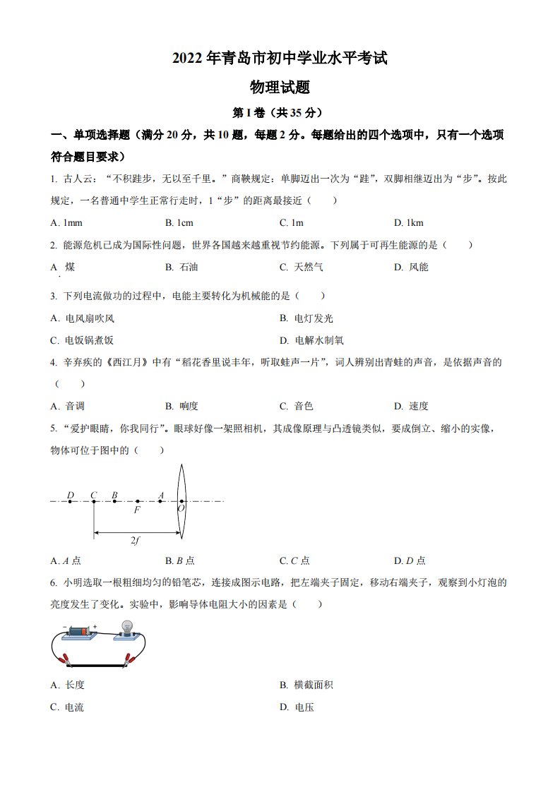 2022年山东省青岛市中考物理试题（空白卷）