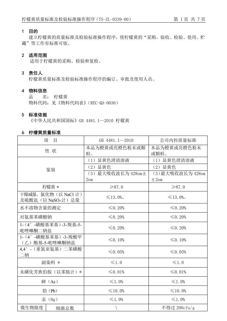 柠檬黄质量标准及检验标准操作程序