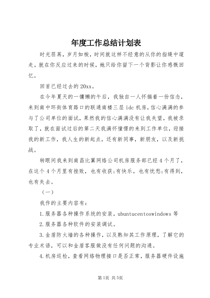 年度工作总结计划表