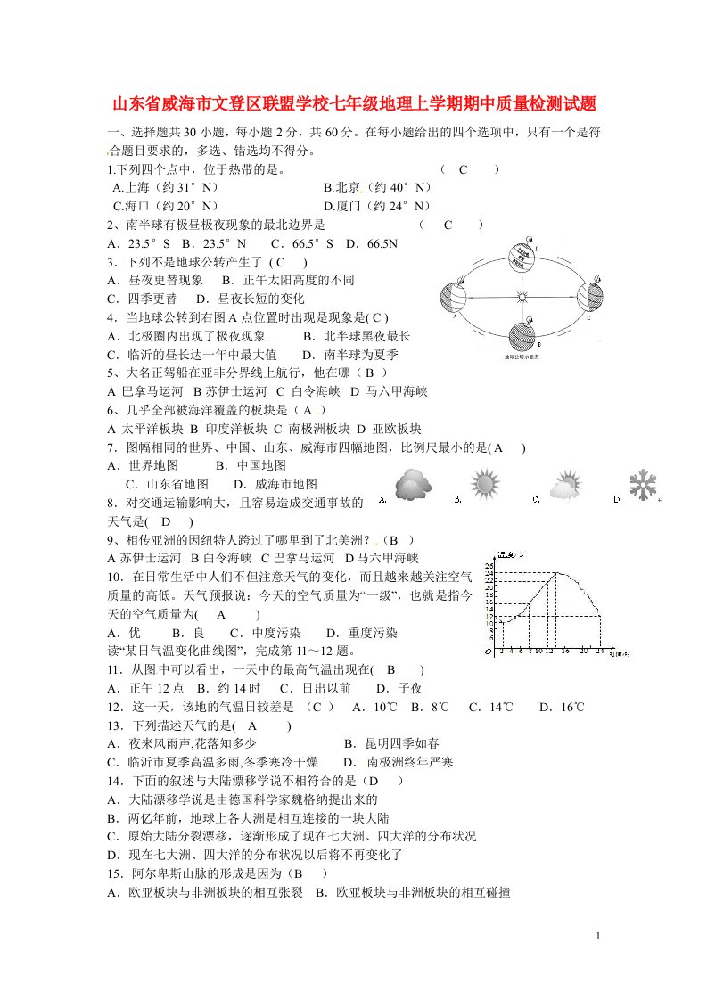 山东省威海市文登区联盟学校七级地理上学期期中质量检测试题