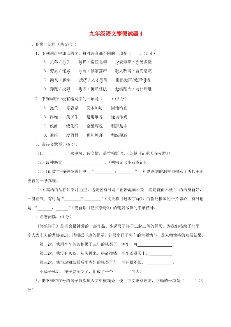 九年级语文寒假作业试题4