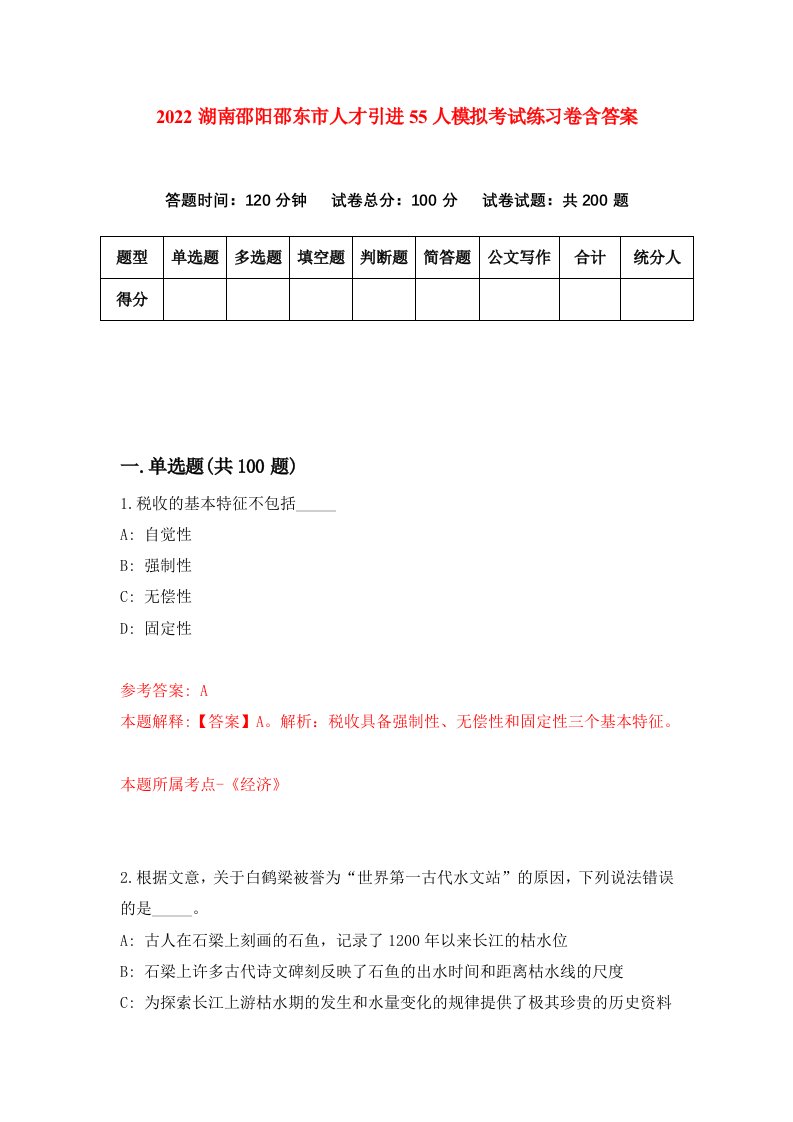 2022湖南邵阳邵东市人才引进55人模拟考试练习卷含答案0