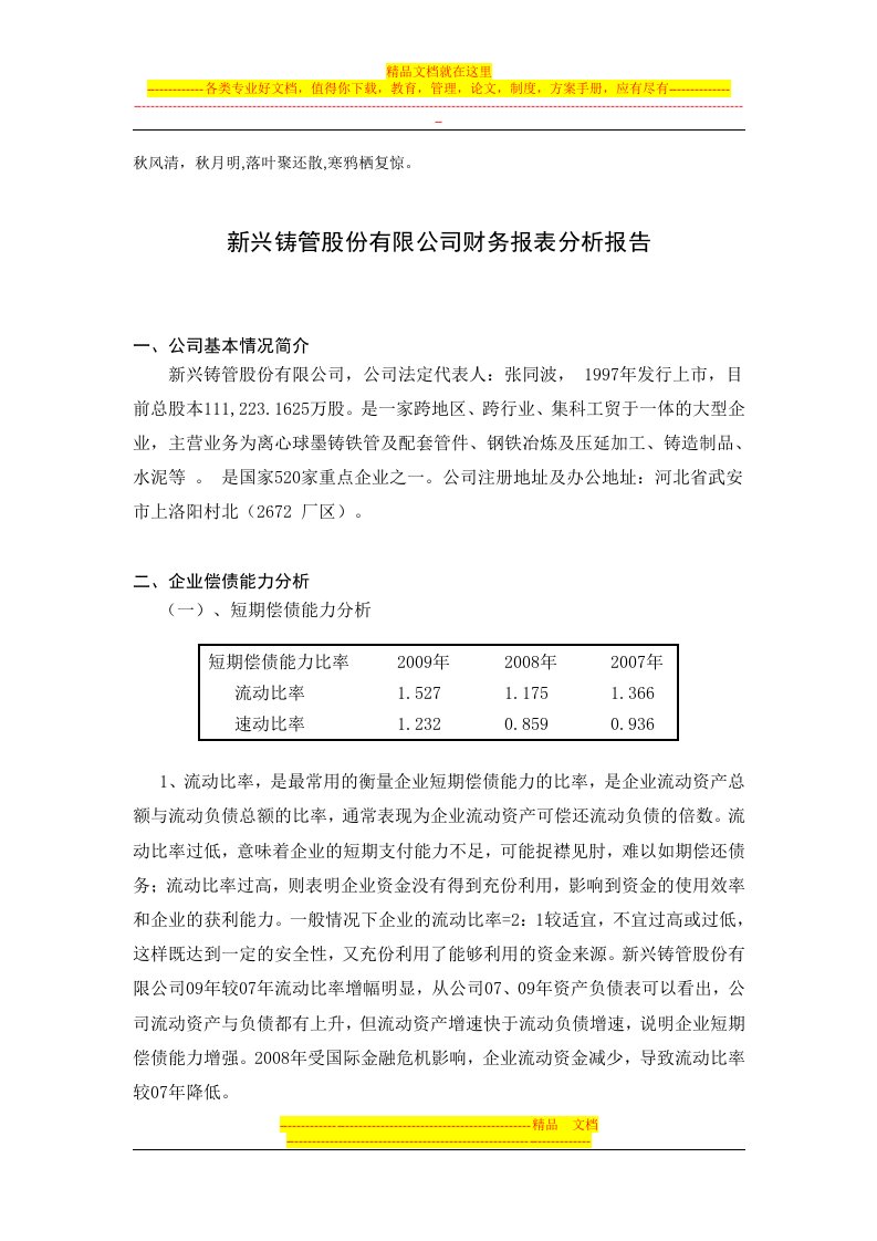 Sacvba新兴铸管股份有限公司财务报表分析报告