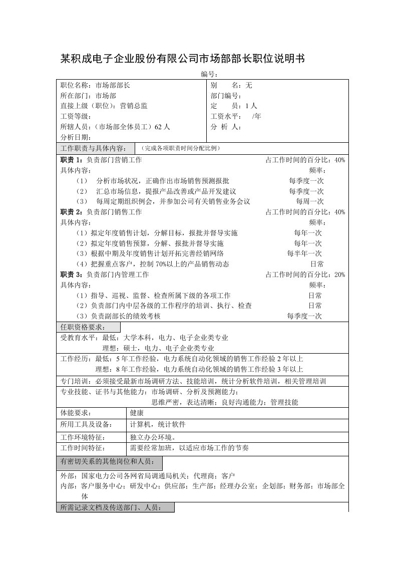 电子行业-积成电子企业市场部部长职位说明书