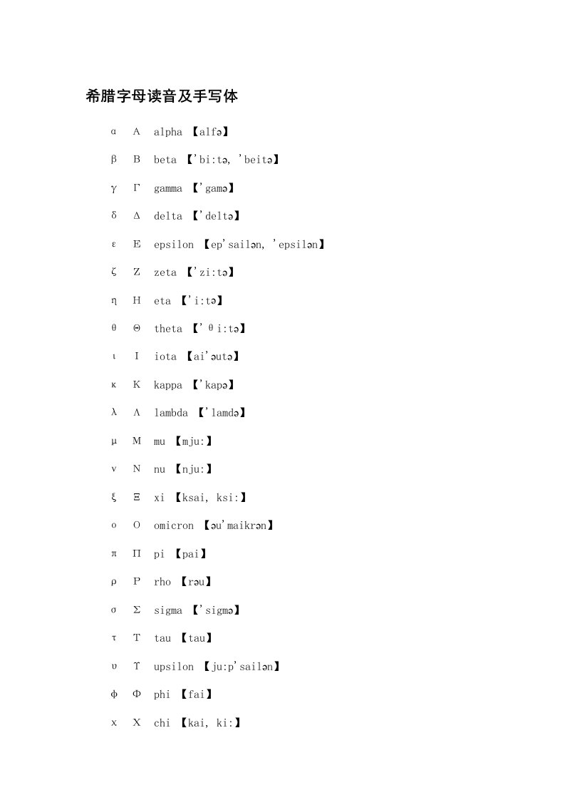 希腊字母读音及手写体