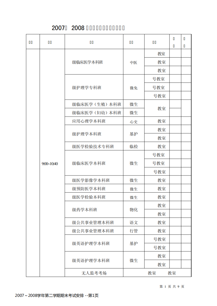 2007～2008学年第二学期期末考试安排