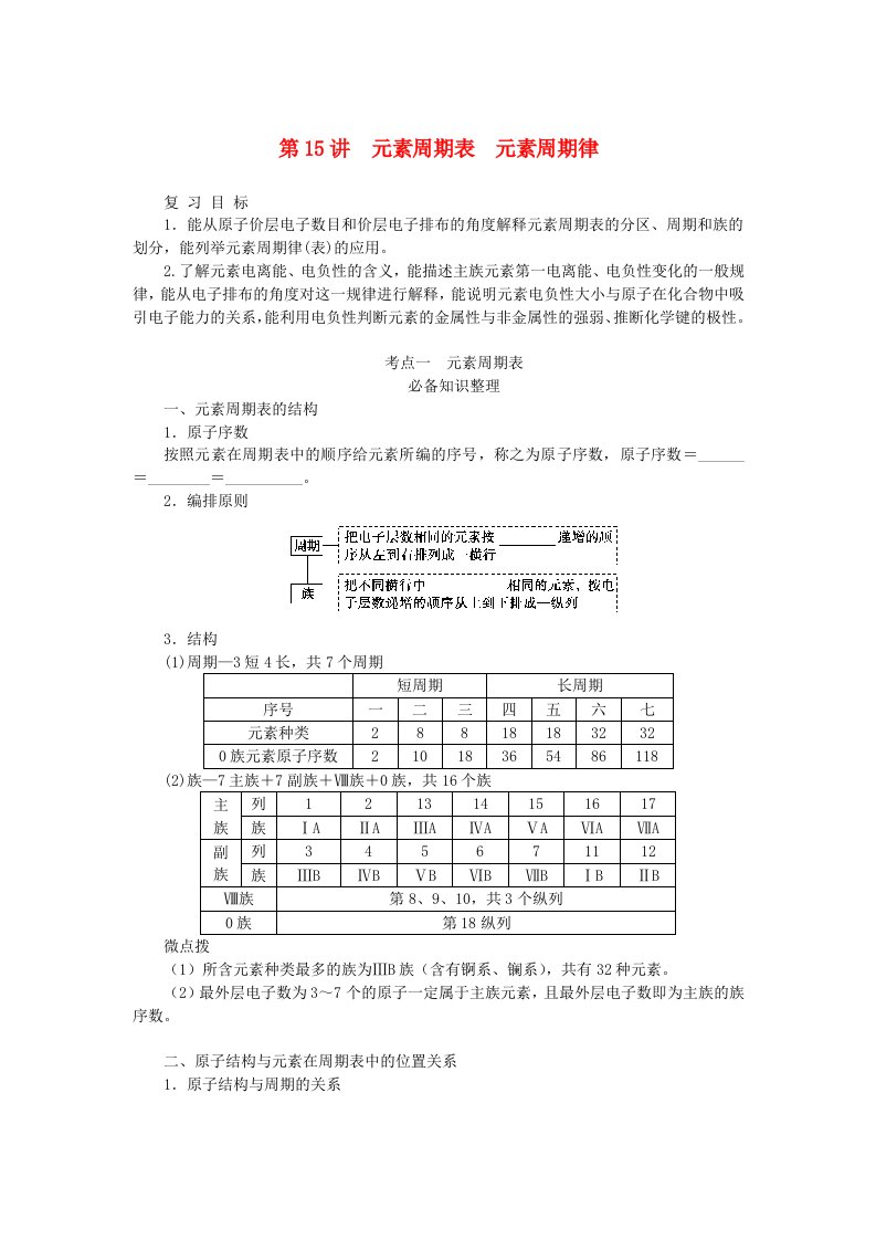 2024版新教材高考化学全程一轮总复习第五章物质结构与性质元素周期律第15讲元素周期表元素周期律学生用书