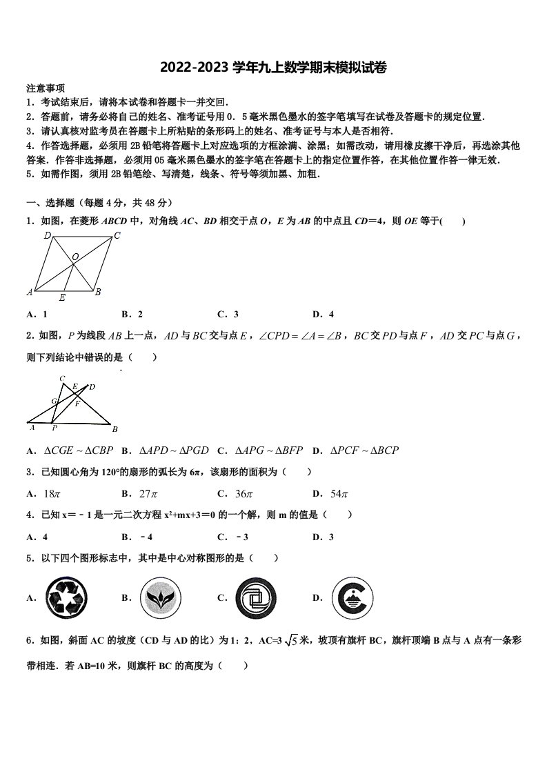 山东省东平县2022年数学九年级第一学期期末达标测试试题含解析