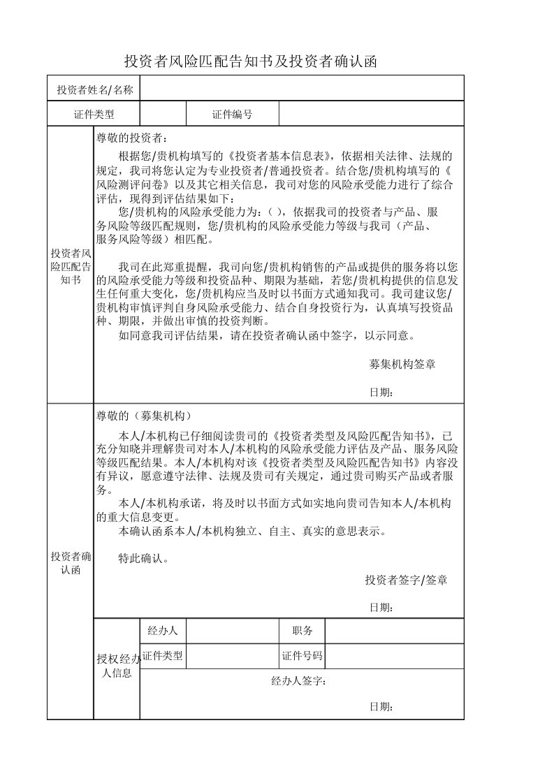 投资者风险匹配告知书及投资者确认函